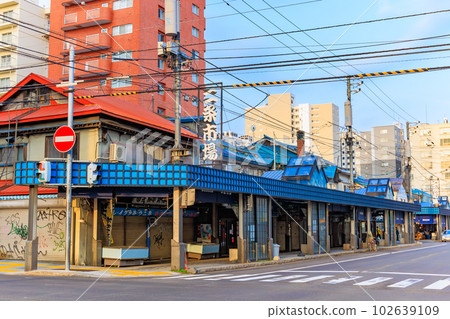 Hokkaido, Sapporo City, Nijo Market, lined with fresh fish shops 102639109