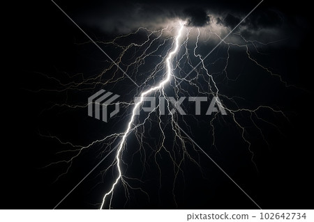 Lightning strike on black background stormy sky made with generative AI Lightning strike on black background stormy sky made with generative AI 102642734