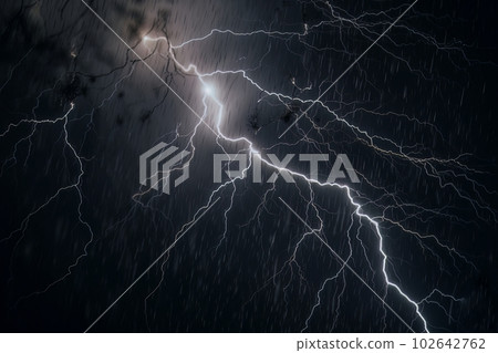 Lightning strike on black background stormy sky made with generative AI 102642762
