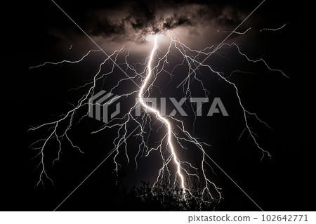 Lightning strike on black background stormy sky made with generative AI 102642771