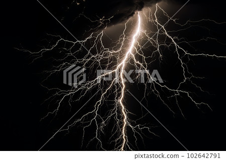 Lightning strike on black background stormy sky made with generative AI Lightning strike on black background stormy sky made with generative AI 102642791