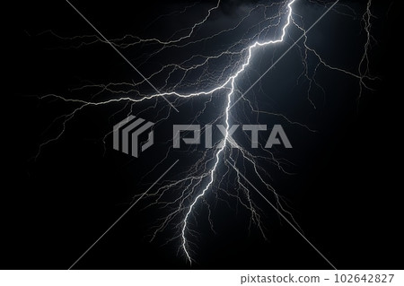 Lightning strike on black background stormy sky made with generative AI 102642827