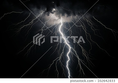 Lightning strike on black background stormy sky made with generative AI Lightning strike on black background stormy sky made with generative AI 102642833