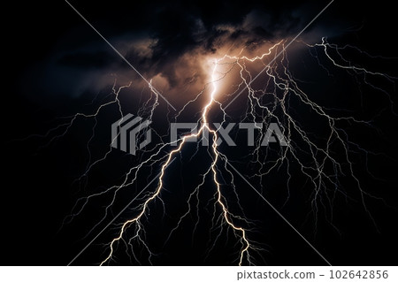 Lightning strike on black background stormy sky made with generative AI Lightning strike on black background stormy sky made with generative AI 102642856
