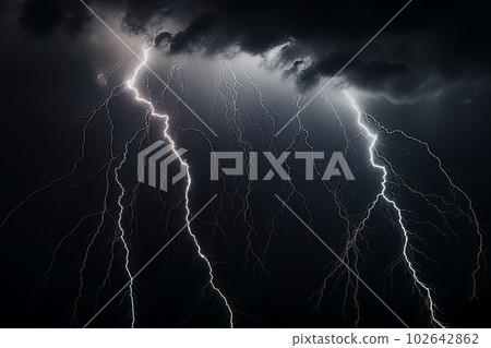 Lightning strike on black background stormy sky made with generative AI Lightning strike on black background stormy sky made with generative AI 102642862