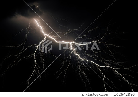 Lightning strike on black background stormy sky made with generative AI Lightning strike on black background stormy sky made with generative AI 102642886