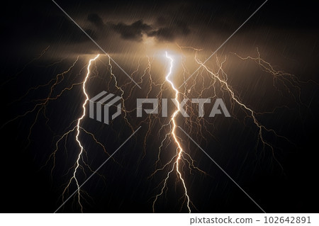 Lightning strike on black background stormy sky made with generative AI Lightning strike on black background stormy sky made with generative AI 102642891