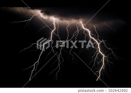 Lightning strike on black background stormy sky made with generative AI Lightning strike on black background stormy sky made with generative AI 102642892