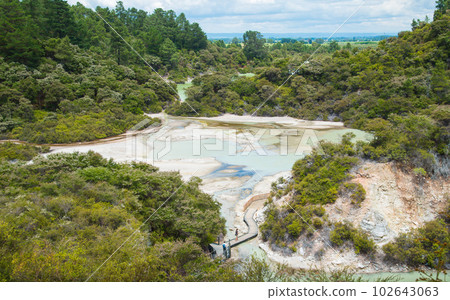 Scenery view of nature trails and landscape of Wai-O-Tapu the thermal wonderland in Rotorua, New Zealand. Scenery view of nature trails and landscape of Wai-O-Tapu the thermal wonderland in Rotorua, New Zealand. 102643063