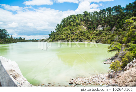 Scenery view of Lake Ngakoro waterfall the beautiful green colour lake at the end of the walk trails in Wai-O-Tapu the geothermal wonderland in Rotorua, New Zealand. 102643105