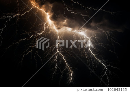 Lightning strike on black background stormy sky made with generative AI 102643135