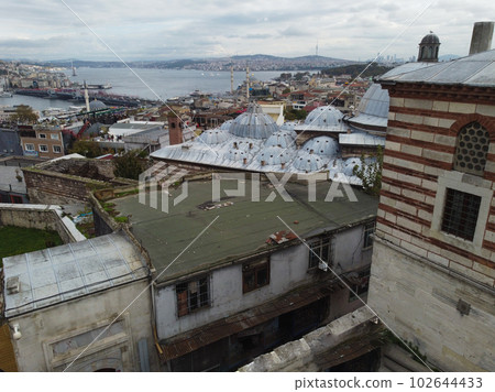 Aerial drone view of the Mosque, huge Ottoman imperial mosque in Istanbul,Turkey 102644433