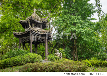Chinese traditional pavilion on a hill in Yi Yuan Yuan Lin Bo Wu Guan Park, Chengdu, Sichuan province, China 102644436