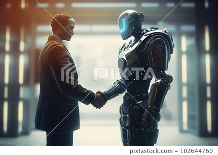 Hand of a businessman shaking hands with a droid robot. The concept of human interaction with artificial intelligence. 102644760
