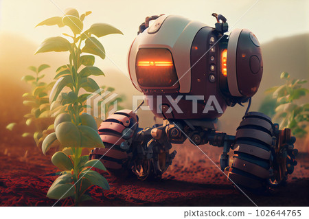 Agriculture robotic and autonomous car working in smart farm, Future 5G technology with smart agriculture farming concept 102644765