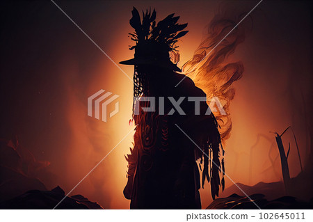 Dark pagan shaman fantasy sunset silhouette. Unrecognizable silhouette of shaman in hoods enlightened Dark pagan shaman fantasy sunset silhouette. Unrecognizable silhouette of shaman in hoods enlightened 102645011
