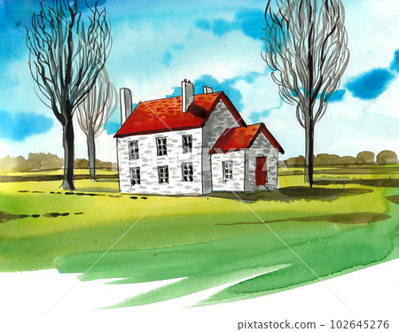 Old house in the countryside. Hand-drawn ink and watercolor on paper Old house in the countryside. Hand-drawn ink and watercolor on paper 102645276