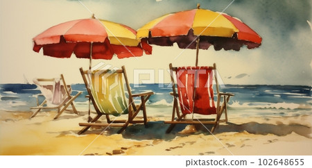 summer relax rest umbrella sea beach vacation watercolor chair background resort. Generative AI. 102648655