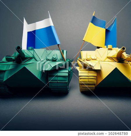 Russia Ukraine war tanks flags origami cute concept Russia Ukraine war tanks flags origami cute concept 102648780