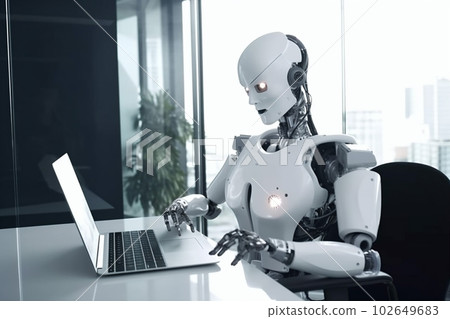 artificial digital office document laptop ai technology paper hand robot. Generative AI. 102649683