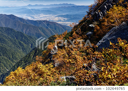 The yellow leaves of the birch and the mountains of Yatsugatake on the climb to Mt. Utsugi in the Central Alps The yellow leaves of the birch and the mountains of Yatsugatake on the climb to Mt. Utsugi in the Central Alps 102649765