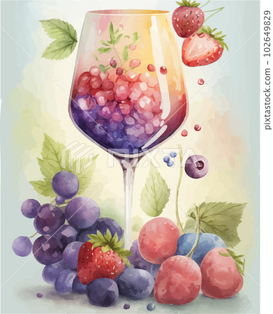 Watercolor illustration of mixed berry juice in a wine glass AI image 102649829