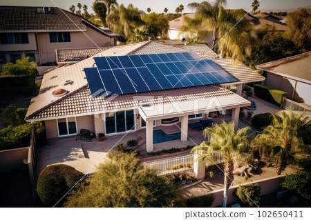 Solar panels on roof of the house renewable energy . Generative AI 102650411