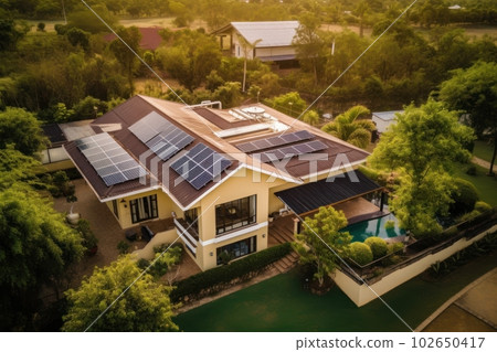 Solar panels on roof of the house renewable energy . Generative AI 102650417