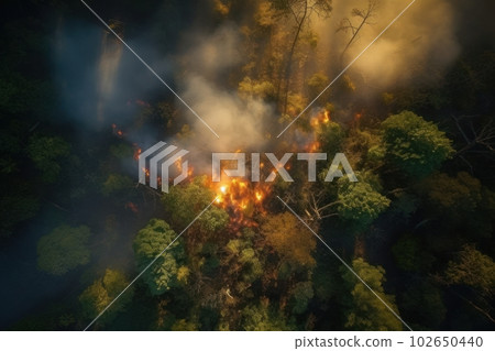 Top view of raging forest fire. Rapidly spreading wildfire. Generative AI 102650440
