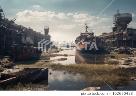 Post-apocalyptic city with abandoned seaport and ships. Generative AI 102650458