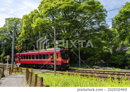 Eizan Electric Railway train passing Miyake Hachiman No. 3 railroad crossing, Kyoto City, Kyoto Prefecture 102650469