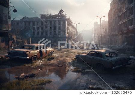Post-apocalyptic city with abandoned and destroyed buildings. Generative AI 102650470