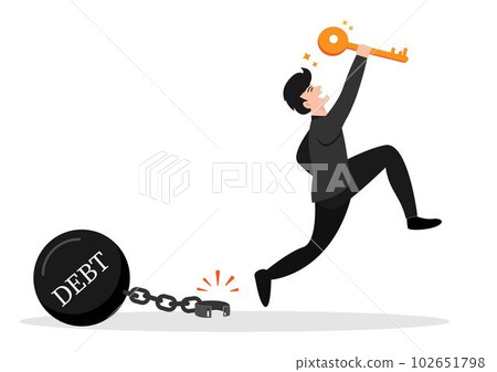 Debt free or freedom for pay off debts, loan or mortgage, solution to solve financial problem, savings or investment to break free, happy businessman holding golden key after unlock debt burden chain 102651798