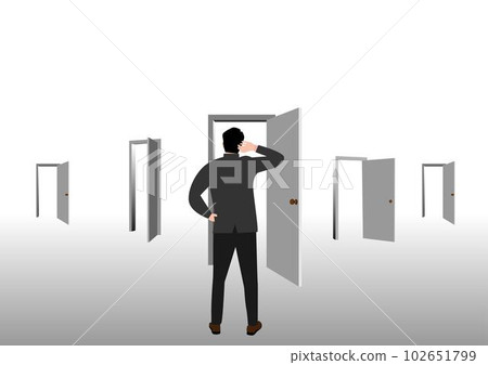 Choosing choices, make decision for career opportunity, alternative pathway, decide for new job or select important chance, right or wrong decision concept, businessman think to choose the right door. 102651799