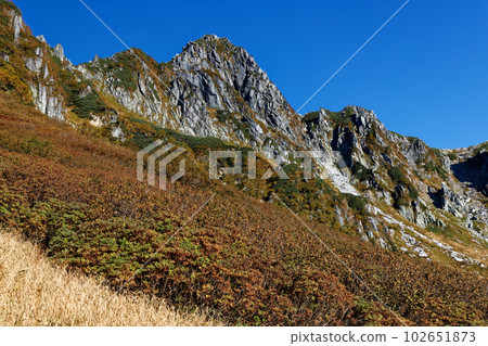 The rocky peaks of Mt. Hoken in the Central Alps seen from Senjojiki Cirque in autumn colors The rocky peaks of Mt. Hoken in the Central Alps seen from Senjojiki Cirque in autumn colors 102651873