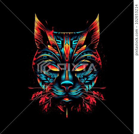 Image of cyberpunk cat mask with colorful patterns on black background. Wildlife Animals. Illustration. Generative AI. 102653214