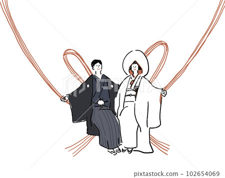 A bride and groom in kimono sitting on a mizuhiki ribbon 102654069