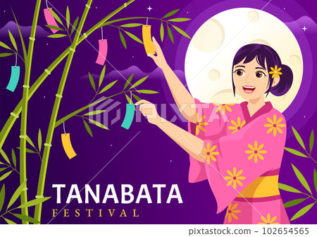 Tanabata Festival Vector Illustration with People Wearing Kimono and Peonies Flowers in National Holiday Flat Cartoon Hand Drawn Templates 102654565