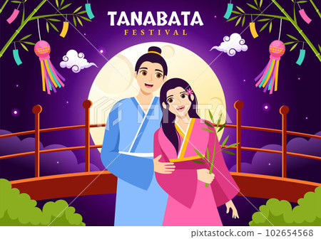 Tanabata Festival Vector Illustration with People Wearing Kimono and Peonies Flowers in National Holiday Flat Cartoon Hand Drawn Templates 102654568