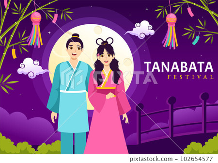Tanabata Festival Vector Illustration with People Wearing Kimono and Peonies Flowers in National Holiday Flat Cartoon Hand Drawn Templates Tanabata Festival Vector Illustration with People Wearing Kimono and Peonies Flowers in National Holiday Flat Cartoon Hand Drawn Templates 102654577
