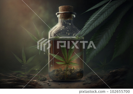 Cannabis herb and leaves with oil extracts. Hemp oil n a glass jar. 102655700