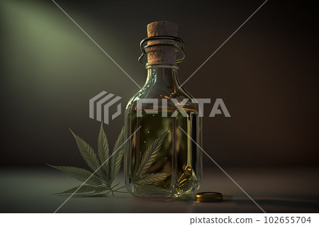 Medical cannabis concept. Hemp oil n a glass jar. Generative AI Medical cannabis concept. Hemp oil n a glass jar. Generative AI 102655704
