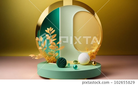 podium round shape with gold leaf background Mockup for product placement with Generative AI podium round shape with gold leaf background Mockup for product placement with Generative AI 102655829