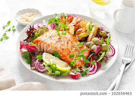 Salmon fillet grilled, fried potato and fresh vegetable green salad 102656463