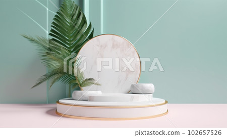 Square shape marble with golden palm leaves product display podium with Generative AI 102657526