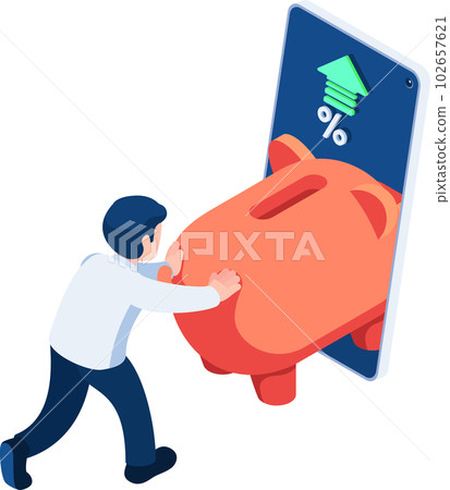 Isometric Businessman Push Piggy Bank into Smartphone Isometric Businessman Push Piggy Bank into Smartphone 102657621