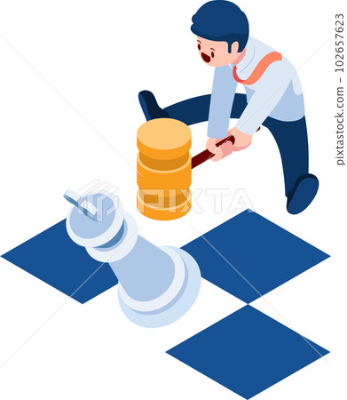Isometric Businessman Smashing King Chess by Hammer 102657623
