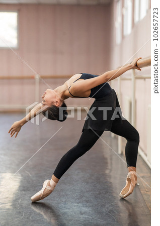 Asian woman doing back flexibility exercises at the ballet barre. Asian woman doing back flexibility exercises at the ballet barre. 102657723