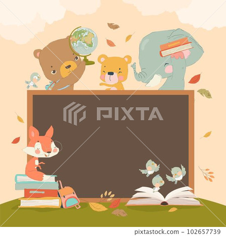 Cartoon Animal Characters holding Schoolbags and Globe learning, reading Book or Textbook, sitting next to Class Blackboard 102657739