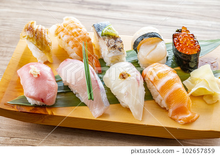 Nigiri sushi served on a plate Nigiri sushi served on a plate 102657859